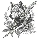 Wolf from The Witcher with a silver sword behind. tattoo design idea
