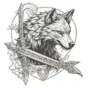 Wolf from The Witcher with a silver sword behind. tattoo design idea