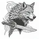 Wolf from The Witcher with a silver sword behind. tattoo design idea