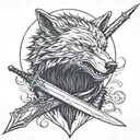 Wolf from The Witcher with a silver sword behind. tattoo design idea