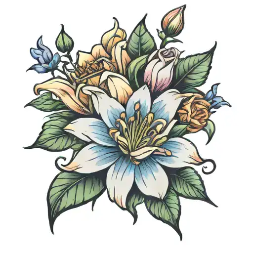 lily, roses, aster flower tattoo design idea
