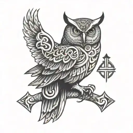 owl and viking runes forming a neck tattoo design idea