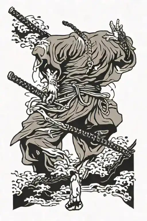 sekiro death kanji with sword going through on spine tattoo design idea