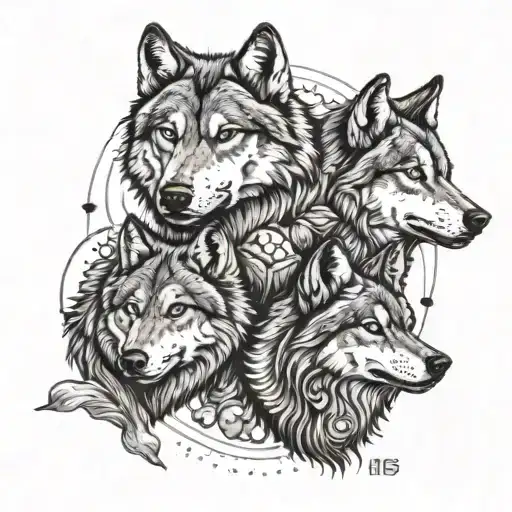 A family of wolves symbolizing loyalty and unity, with intricate dotwork detailing tattoo design idea