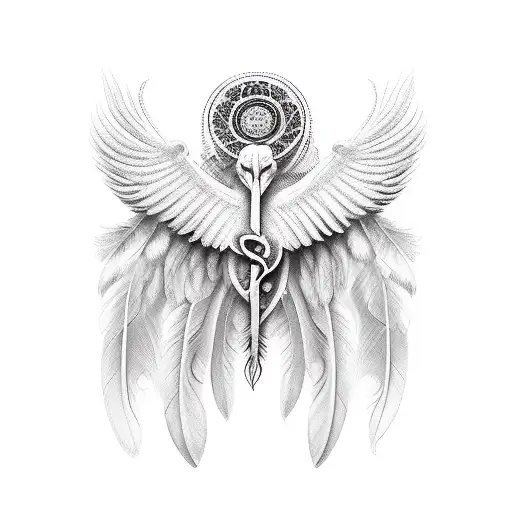 caduceus with scattered feathers  tattoo design idea