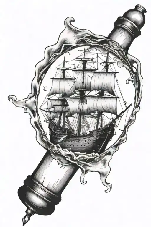 a ship and a broken neck of a bottle above the ship tattoo design idea