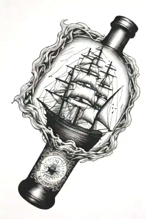 a ship and a broken neck of a bottle above the ship tattoo design idea