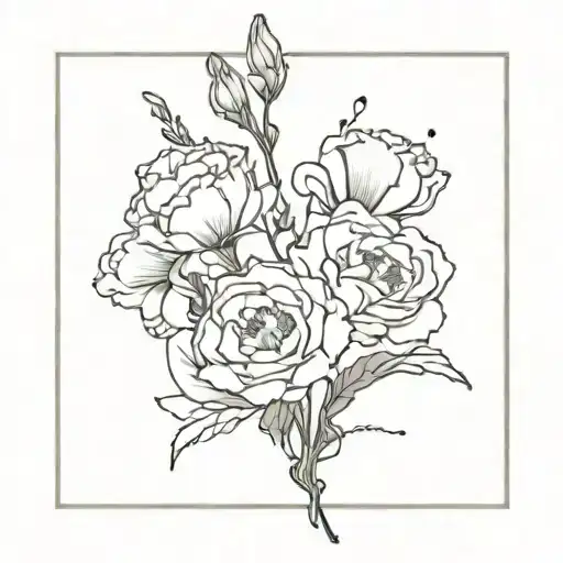 A minimalist tattoo design of a small bouquet of carnations with tiny musical instruments hidden among the flowers tattoo design idea
