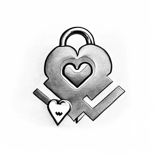 A heart-shaped lock with the word 'family' and a key being held by a father and daughter tattoo design idea