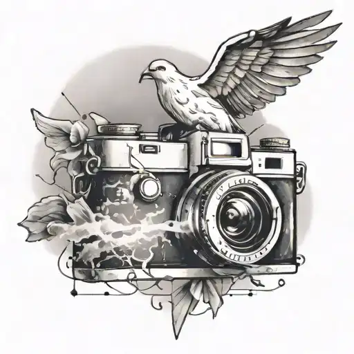 A double exposure tattoo of a camera and a dove flying towards the sky, symbolizing faith and creativity tattoo design idea