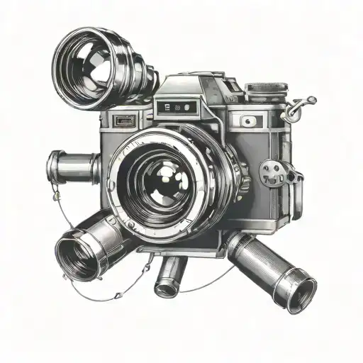 A minimalist tattoo of a cross made up of camera lenses, representing your catholic faith and photography profession tattoo design idea