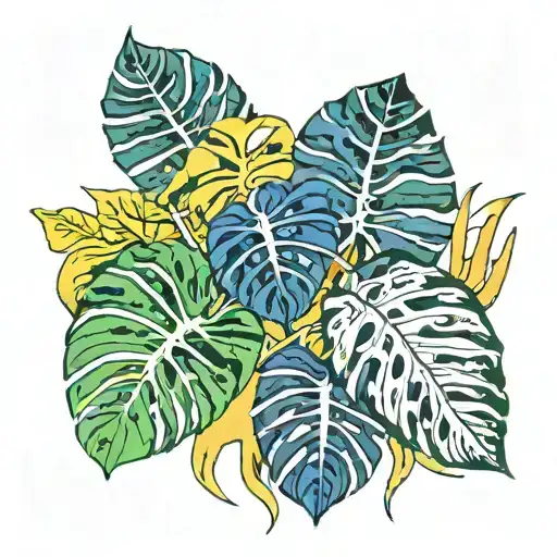 A colorful new-school piece with variegated burle marx philodendron leaves and monstera Albo vines tattoo design idea