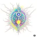 neuron with clear contour, subtle shadow for detail, colorful accents on axon , myelin, & a human pupil-like nucleus. tattoo design idea