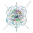 neuron with clear contour, subtle shadow for detail, colorful accents on axon , myelin, & a human pupil-like nucleus. tattoo design idea