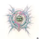 neuron with clear contour, subtle shadow for detail, colorful accents on axon , myelin, & a human pupil-like nucleus. tattoo design idea