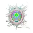 neuron with clear contour, subtle shadow for detail, colorful accents on axon , myelin, & a human pupil-like nucleus. tattoo design idea