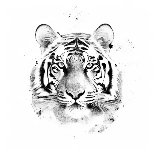 A silhouette of a hiker on a mountain peak, with a tiger prowling in the background, capturing the essence of adventure and wildlife tattoo design idea