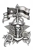 USA flag, A rose, A cross, US Navy Silent service dolphin pin, an anchor with a sailors cap on the top left and dogs tag tattoo design idea