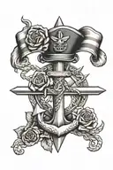 USA flag, A rose, A cross, US Navy Silent service dolphin pin, an anchor with a sailors cap on the top left and dogs tag tattoo design idea