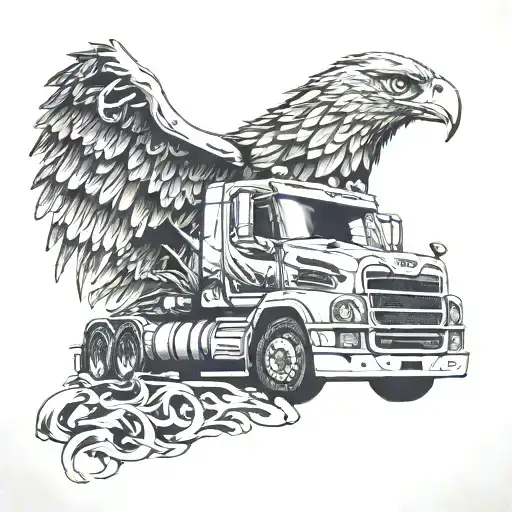 Scania truck with a eagle that has a crown With super v8 on it  and on across the universe tattoo design idea