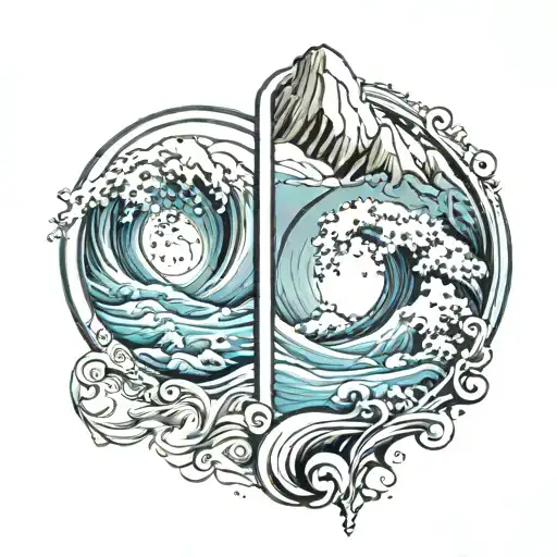 mirror image of mountain and ocean wave crashing tattoo design idea