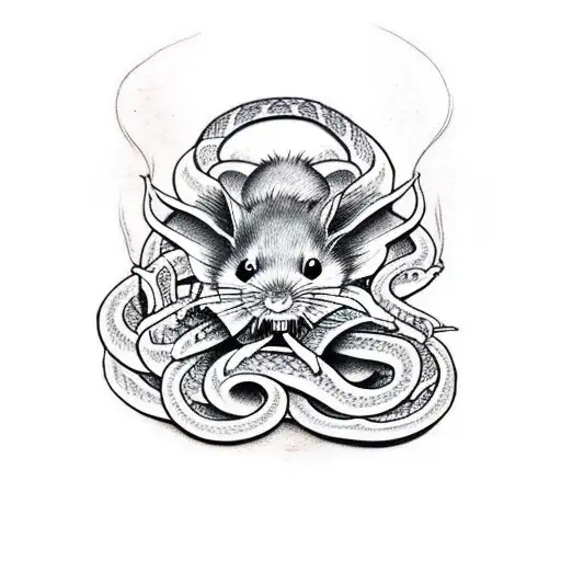 rat eating a biting a snake's head tattoo design idea