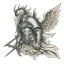 Tattoo on left arm from bicep to shoulder. Army of angels descending from heaven in armour to fight demons on earth.  tattoo design idea