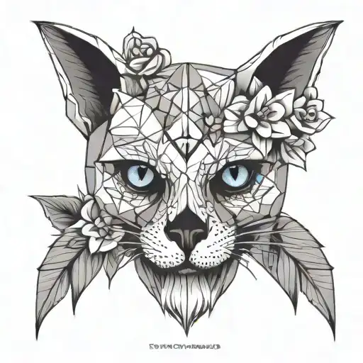 cat skull with flowers and crystals tattoo design idea