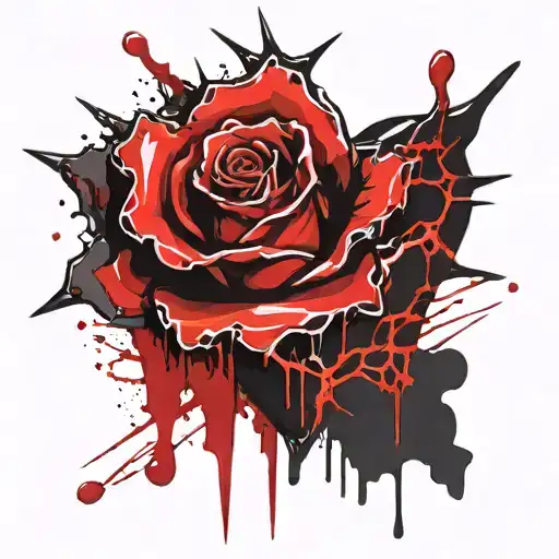 a broken heart with a spiky burning rose dripping with blood below the heart tattoo design idea