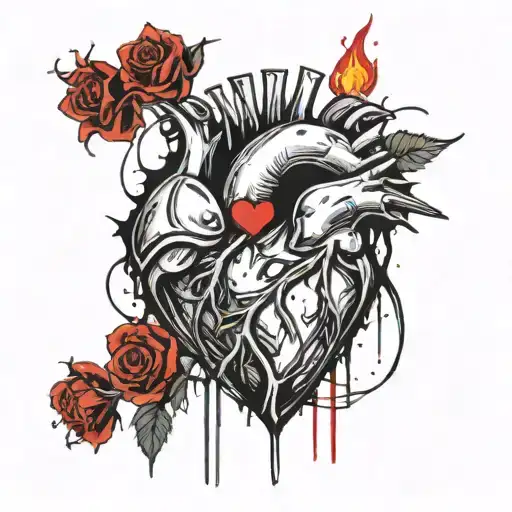 a broken heart with a wreath of Jesus wrapped around the top of the heart with a spiky flaming rose dripping with blood below the heart tattoo design idea