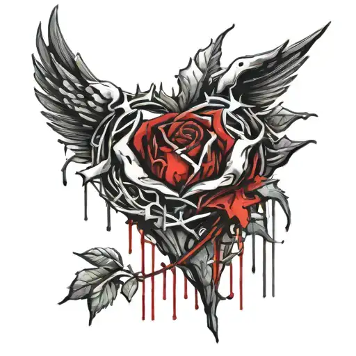 a broken heart wrapped in a wreath of Jesus with a spiky rose dripping with blood tattoo design idea
