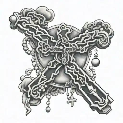 Rosary beads with cross at the bottom with the japanese words for love and trust in it tattoo design idea