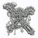 Rosary beads with cross at the bottom with the japanese words for love and trust in it tattoo design idea