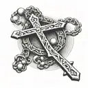 Rosary beads with cross at the bottom with the japanese words for love and trust in it tattoo design idea
