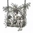 3 children 2 girls 1 boy facing away on a swing suspended by jagged bramble branches tattoo design idea