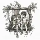 3 children 2 girls 1 boy facing away on a swing suspended by jagged bramble branches tattoo design idea