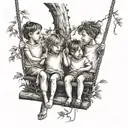 3 children 2 girls 1 boy facing away on a swing suspended by jagged bramble branches tattoo design idea