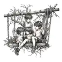 3 children 2 girls 1 boy facing away on a swing suspended by jagged bramble branches tattoo design idea