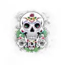 Create a tattoo design featuring a Mexican sugar skull driving a customized car with a One Piece character as a passenger tattoo design idea