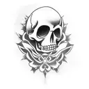 Create a tattoo design featuring a Mexican sugar skull driving a customized car with a One Piece character as a passenger tattoo design idea