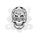 Create a tattoo design featuring a Mexican sugar skull driving a customized car with a One Piece character as a passenger tattoo design idea