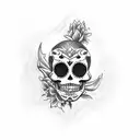 Create a tattoo design featuring a Mexican sugar skull driving a customized car with a One Piece character as a passenger tattoo design idea