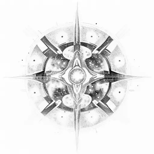 A blackwork tattoo of a galaxy with a silhouette of a Star Wars ship flying through it tattoo design idea