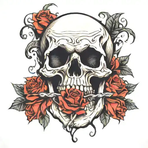 skull with rose in mouth open tattoo design idea