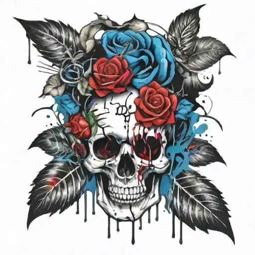 skull  with blue rose in mouth open black and white tattoo design idea