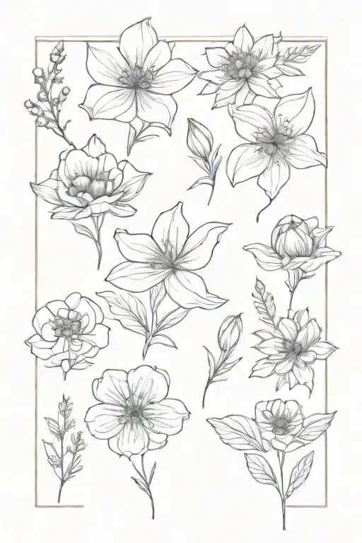 Fine line flower bunch december, October, August, november and January birth flowers. tattoo design idea