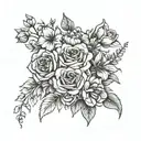 Fine line flower bouquet with 1 of each flower. December, October, August, November and January birth flowers tattoo design idea