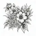 Fine line flower bouquet with 1 of each flower. December, October, August, November and January birth flowers tattoo design idea
