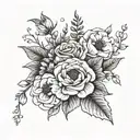 Fine line flower bouquet with 1 of each flower. December, October, August, November and January birth flowers tattoo design idea