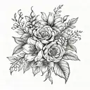Fine line flower bouquet with 1 of each flower. December, October, August, November and January birth flowers tattoo design idea